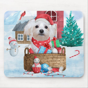 Tapis De Souris Chien maltais dans la neige Maison de Chien de Noë