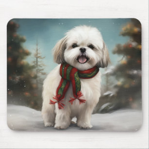 Tapis De Souris Chien Malti Tzu à Noël de neige