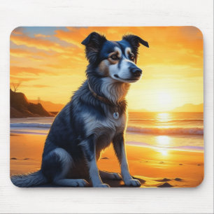 Tapis De Souris Chien mignon sur la plage au coucher du soleil