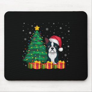 Tapis De Souris Chien moche Boston Terrier Santa Hat Noël Lumières