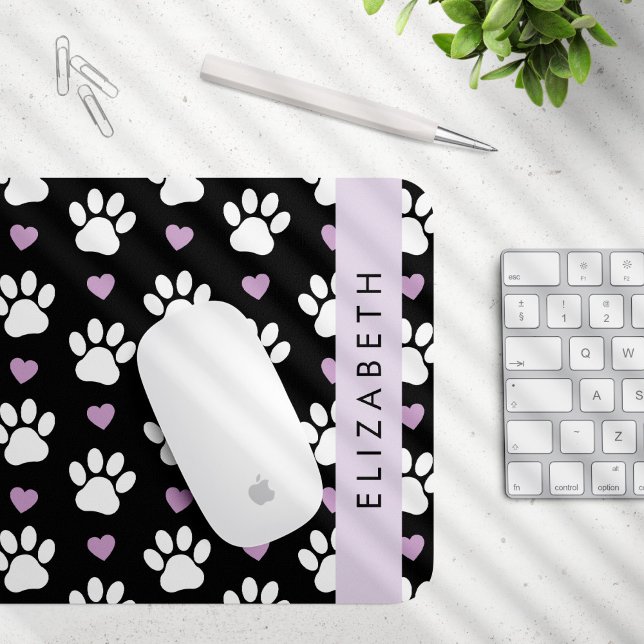 Tapis De Souris Chien Paws, White Paws, Lilac Hearts, Votre Nom (Créateur téléchargé)
