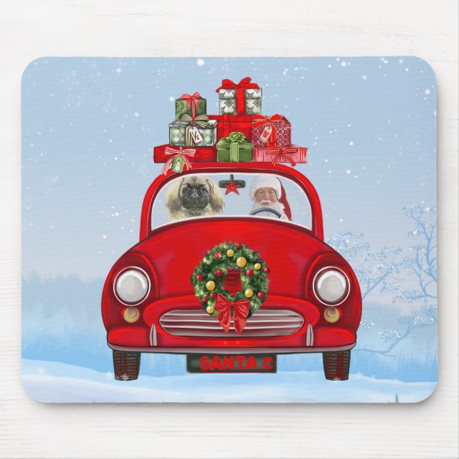 Tapis De Souris Chien Pekingese En Voiture Avec Le Père Noël (Devant)