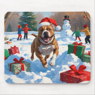 Tapis De Souris Chien Pitbull courant dans la neige avec un chapea