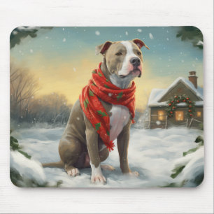 Tapis De Souris Chien Pitbull dans la neige de Noël