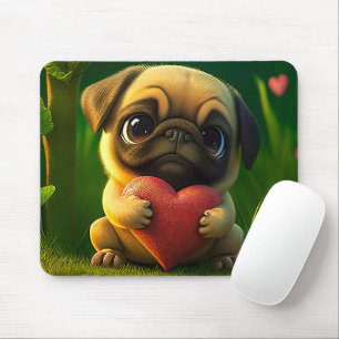 Tapis De Souris Chien Pug Chiot Coloré Mignon Tenant un Cœur