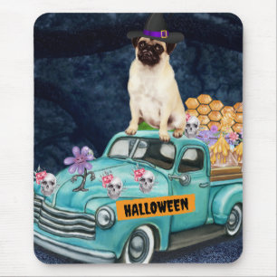 Tapis De Souris Chien Pug Halloween Camion Nuit Effrayante 