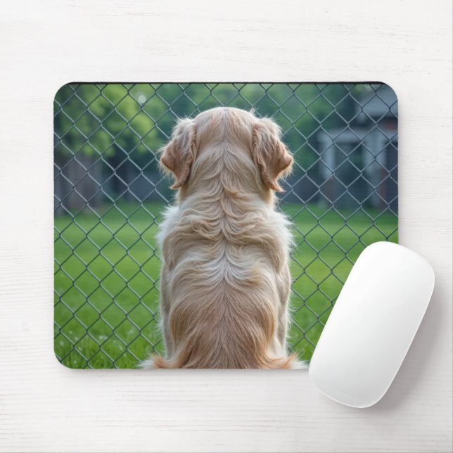 Tapis De Souris Chien regardant à travers une clôture en chaîne (Avec souris)