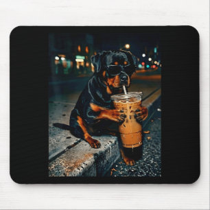 Tapis De Souris Chien rottweiler buvant du café glacé animal drôle
