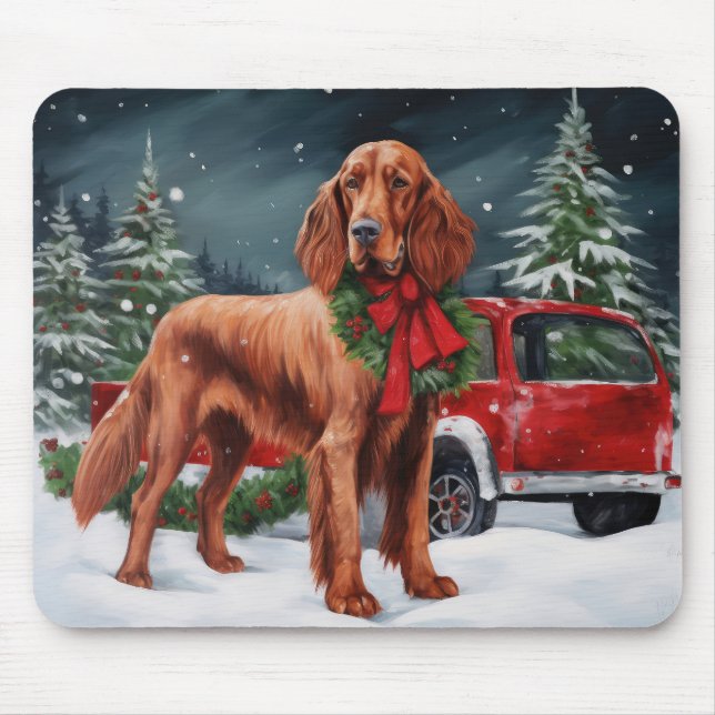 Tapis De Souris Chien rouge irlandais à la neige Noël (Devant)