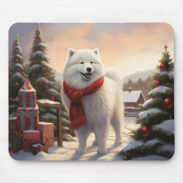 Tapis De Souris Chien Samoyé à Noël de neige (Devant)