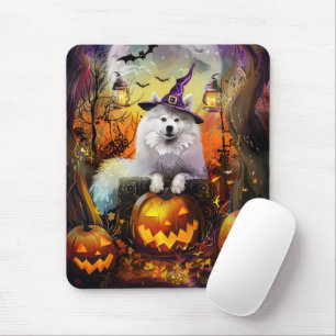 Tapis De Souris Chien Samoyède effrayant Sorcière d'Halloween et C
