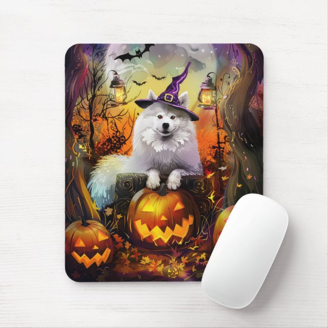 Tapis De Souris Chien Samoyède effrayant Sorcière d'Halloween et C (Avec souris)