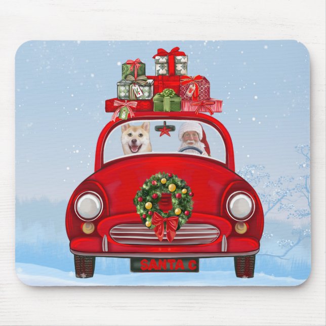 Tapis De Souris Chien Shiba Inu En Voiture Avec Le Père Noël (Devant)