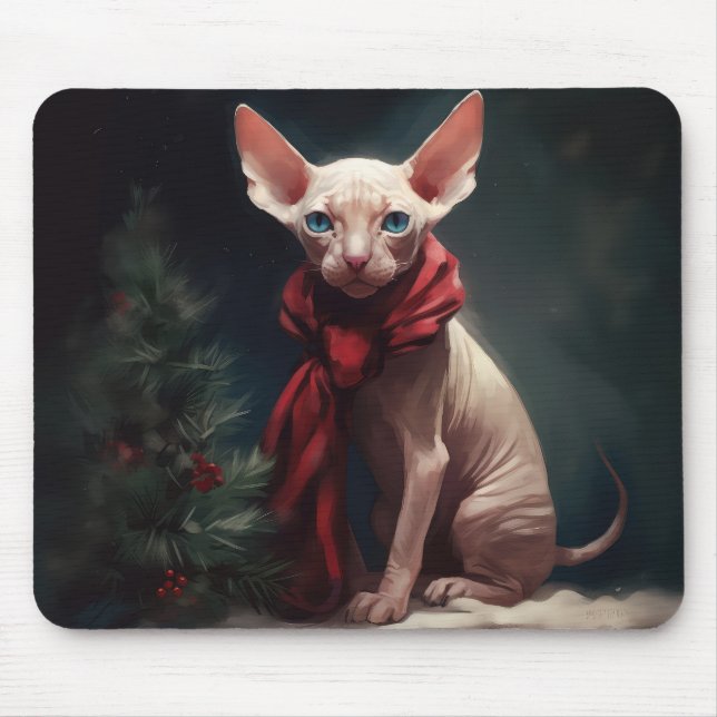 Tapis De Souris Chien Sphynx dans la neige de Noël (Devant)