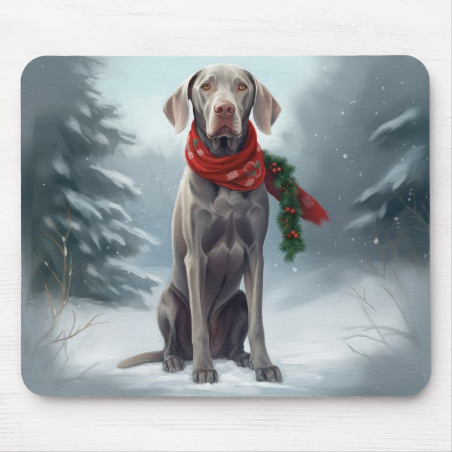 Tapis De Souris Chien Weimaraner à Noël de neige (Devant)
