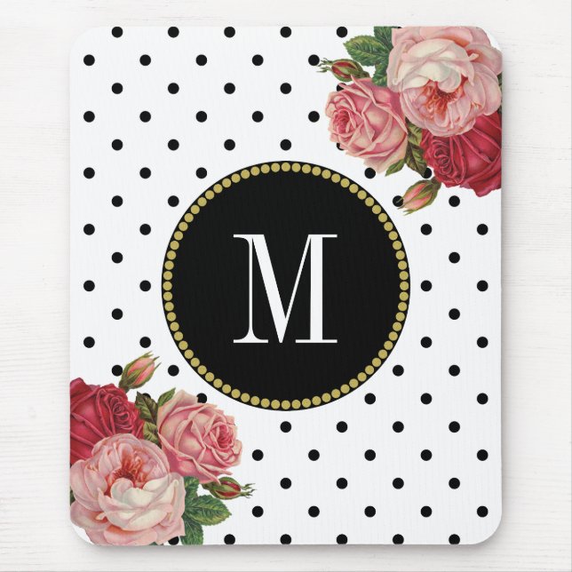Tapis De Souris Chiffres blancs noirs classiques Monogramme floral (Devant)