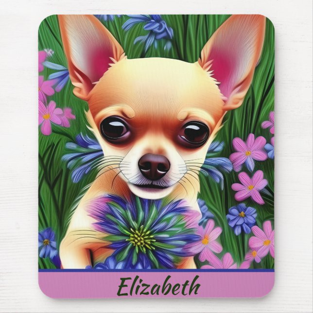 Tapis De Souris Chihuahua Puppy dans la prairie de fleurs Personna (Devant)