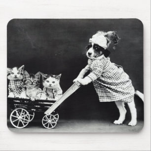 Tapis De Souris Chiot avec trois chatons dans un chariot