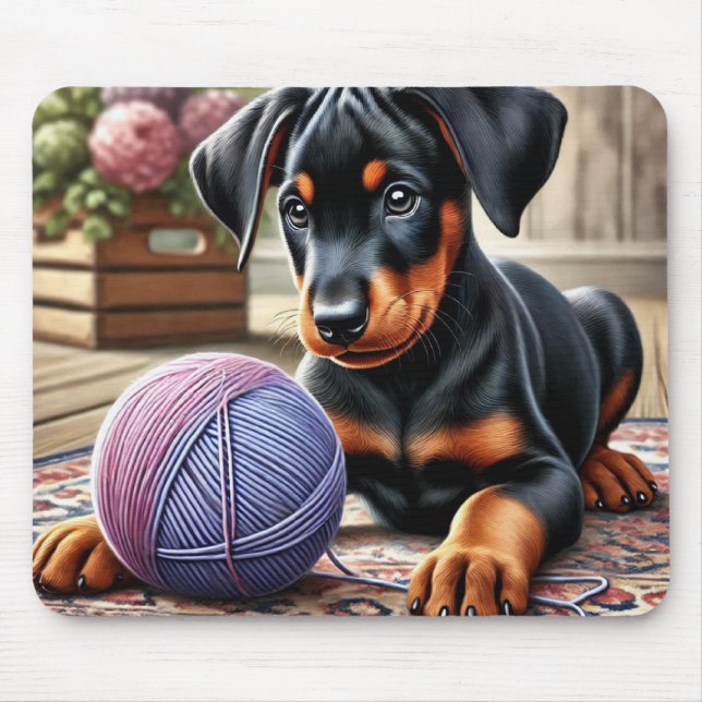 Tapis De Souris Chiot de Doberman Pinscher avec une balle en fils  (Devant)