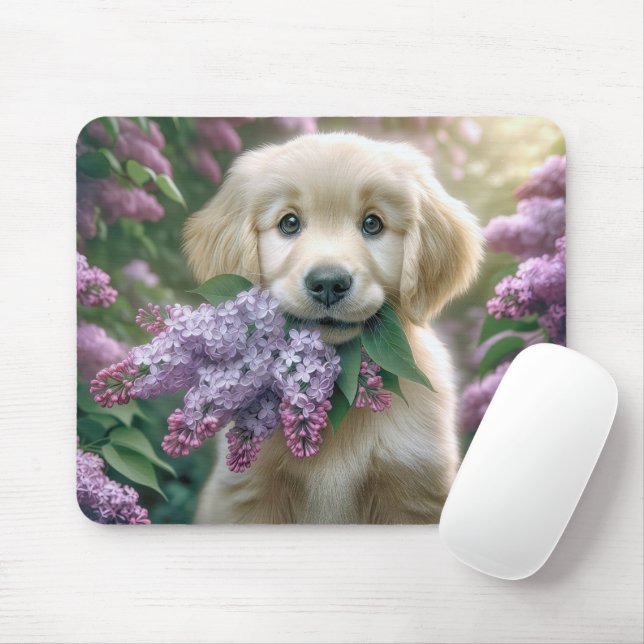Tapis De Souris Chiot Golden Retriever avec Lilac Bunch (Avec souris)