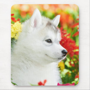 Tapis De Souris Chiot sibérien Husky en fleurs Mousepad