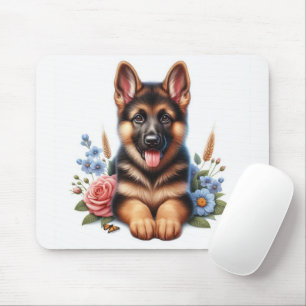 Tapis De Souris Chiots berger allemand joueur avec des fleurs