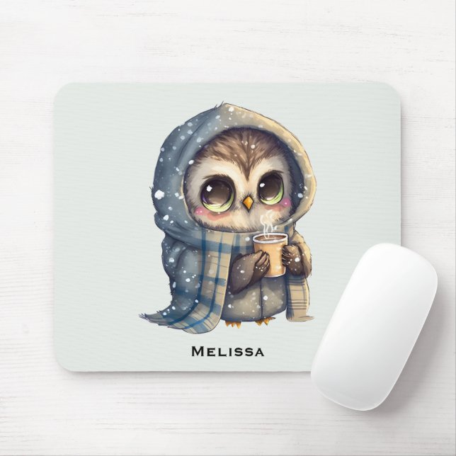 Tapis De Souris Chouette à gros yeux mignonne tenant un café (Avec souris)