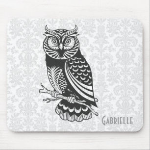 Tapis De Souris Chouette Abstraite noire et blanche