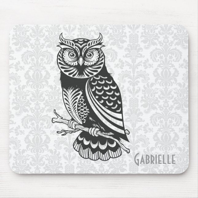 Tapis De Souris Chouette Abstraite noire et blanche (Devant)