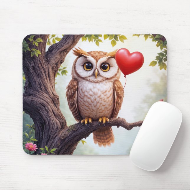 Tapis De Souris Chouette au ballon du coeur rouge (Avec souris)