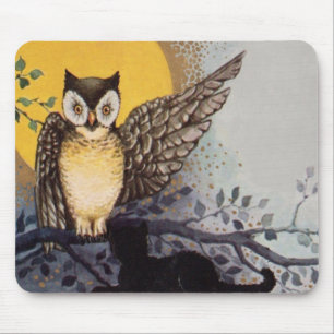 Tapis De Souris Chouette Chat Noir Pleine Lune Arbre Nuit