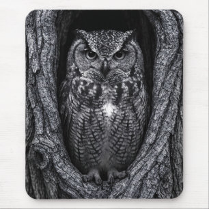 Tapis De Souris Chouette dans un arbre noir et blanc