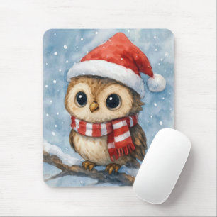Tapis De Souris Chouette de Noël à l'aquarelle dans des flocons de