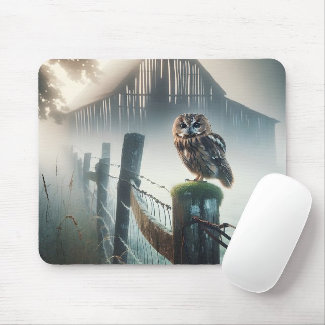 Tapis De Souris Chouette du matin sur la clôture (Avec souris)
