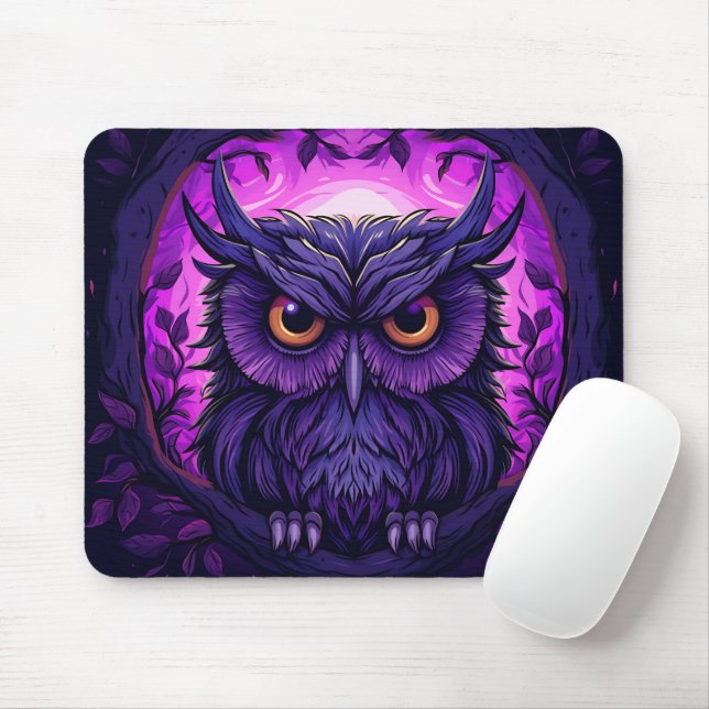 Tapis De Souris Chouette Éffrayante violette sur Halloween Graphiq (Avec souris)