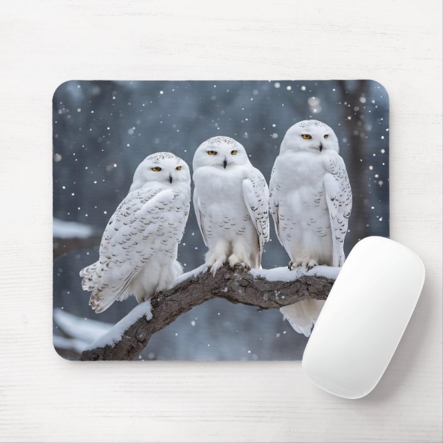 Tapis De Souris Chouette Neige Sur Branche Arbre (Avec souris)