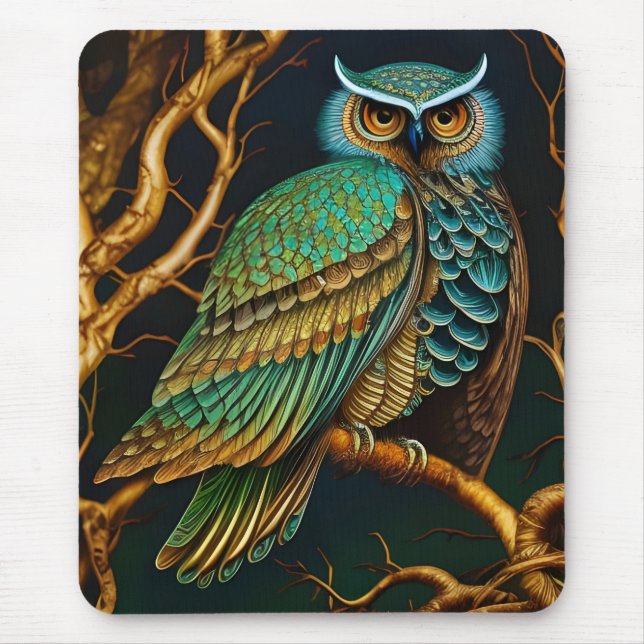 Tapis De Souris Chouette Turquoise et Or (Devant)