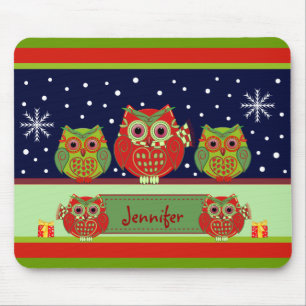 Tapis De Souris Chouettes de Noël mignonnes et nom personnalisé Mo