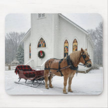 Christmas Horse-Drawn Sleigh Waiting By a Chapel