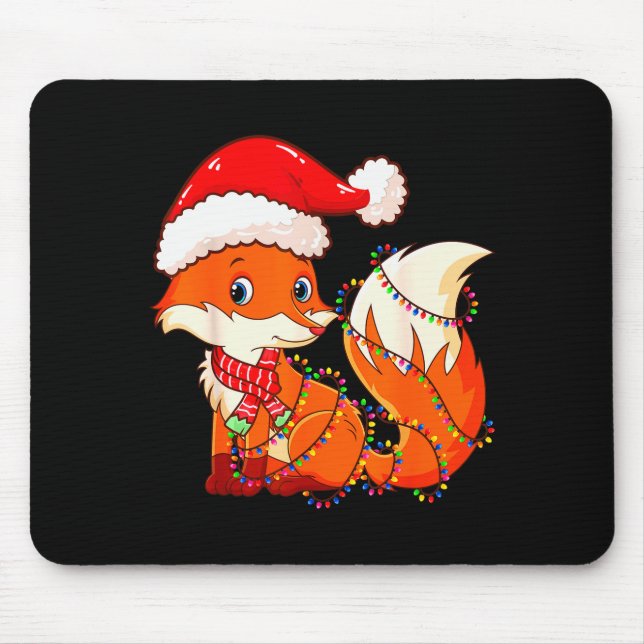 Tapis De Souris Christmas Lights Fox Wearing Xmas Hat - Cute Funny (Devant)