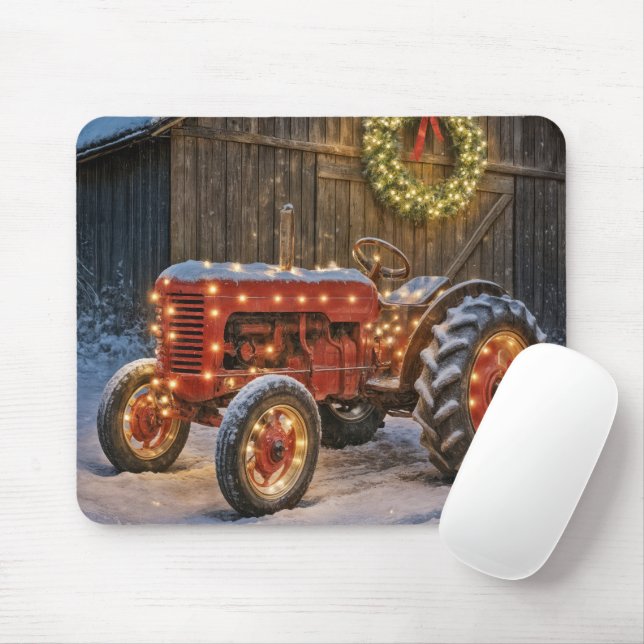 Tapis De Souris Christmas Red Farm Tractor With Glowing Wreath (Avec souris)