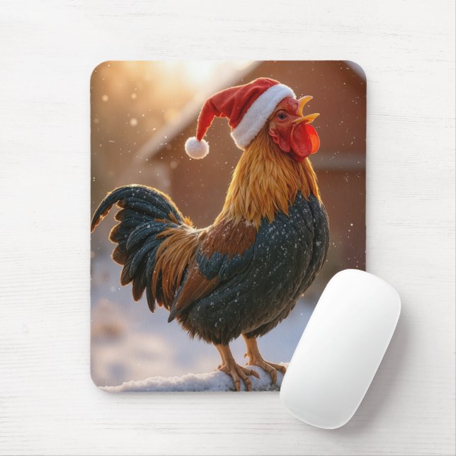Tapis De Souris Christmas Rooster Wearing a Santa Hat (Avec souris)