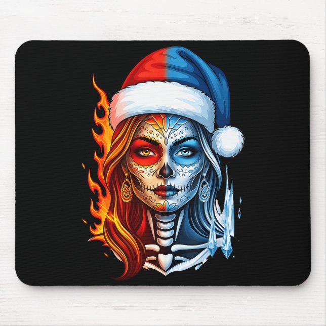 Tapis De Souris Christmas Sugar Skull Art Woman Santa Hat Fantasy  (Devant)