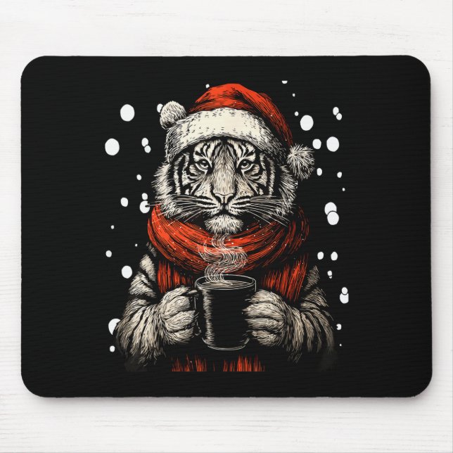 Tapis De Souris Christmas Tiger With Santa Hat Coffee Lover Funny  (Devant)