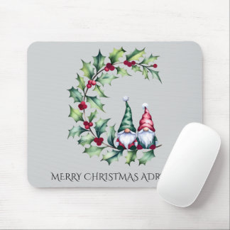 Tapis De Souris Christmas Watercolor Gnomes Sitting on Holly Twig