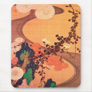 Tapis De Souris Chrysanthèmes par un ruisseau avec des rochers (1
