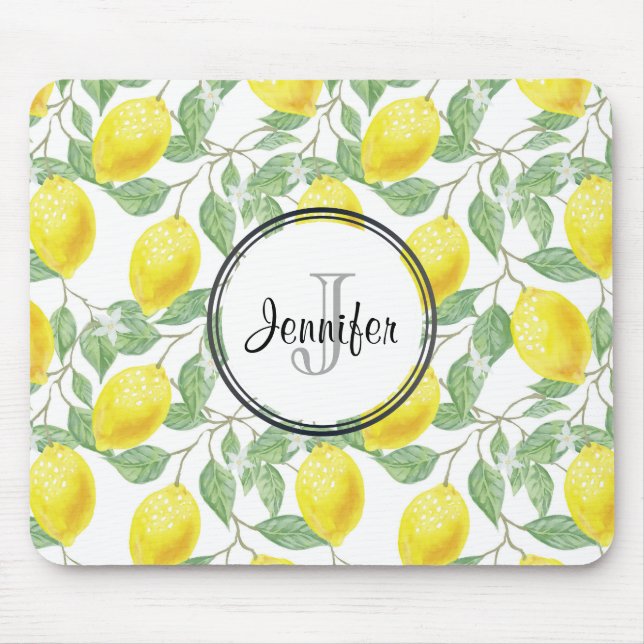 Tapis De Souris Citrons jaunes avec Monogramme Motif vert (Devant)