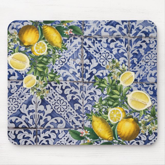 Tapis De Souris Citrons méditerranéens Carreaux portugais d'été  (Devant)