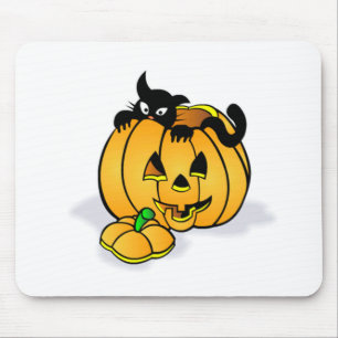 Tapis De Souris Citrouille d'Halloween avec chat noir