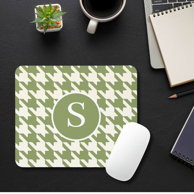 Tapis De Souris Classic Houndstooth Sage Vert & Blanc Monogramme (Créateur téléchargé)